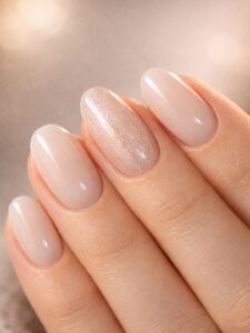 Minimal winter nails with glossy nude gel and one champagne glitter accent nail, short almond shape, San Diego
