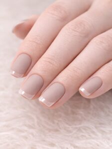 Minimal winter nails with matte nude base and clear glossy tips, short square shape, modern minimal manicure in San Diego