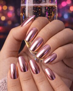 February nails with rose gold chrome finish and mirror shine effect