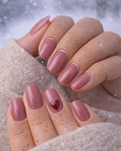 February nails featuring glossy mauve polish with velvet red accent nail