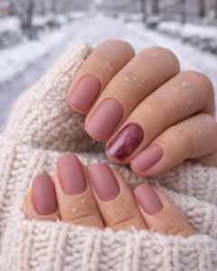February nails in dusty rose matte with subtle marble accent detail