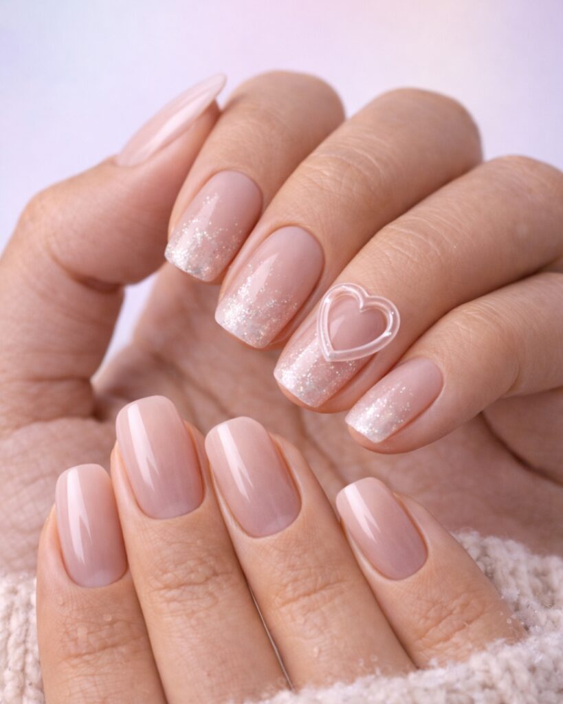 February nails with sheer nude base and delicate glitter gradient tips