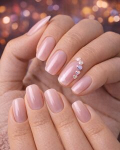 February nails featuring blush nude polish with clear heart accent detail