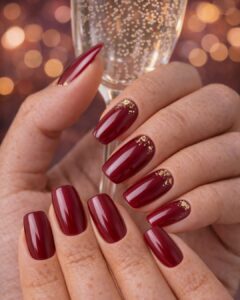 February nails with nude almond shape and deep red French tip design