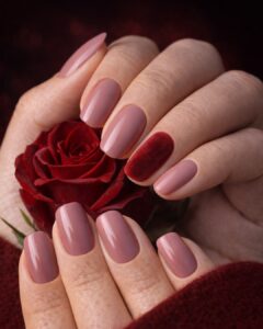 February nails with muted mauve matte finish and heart accent design