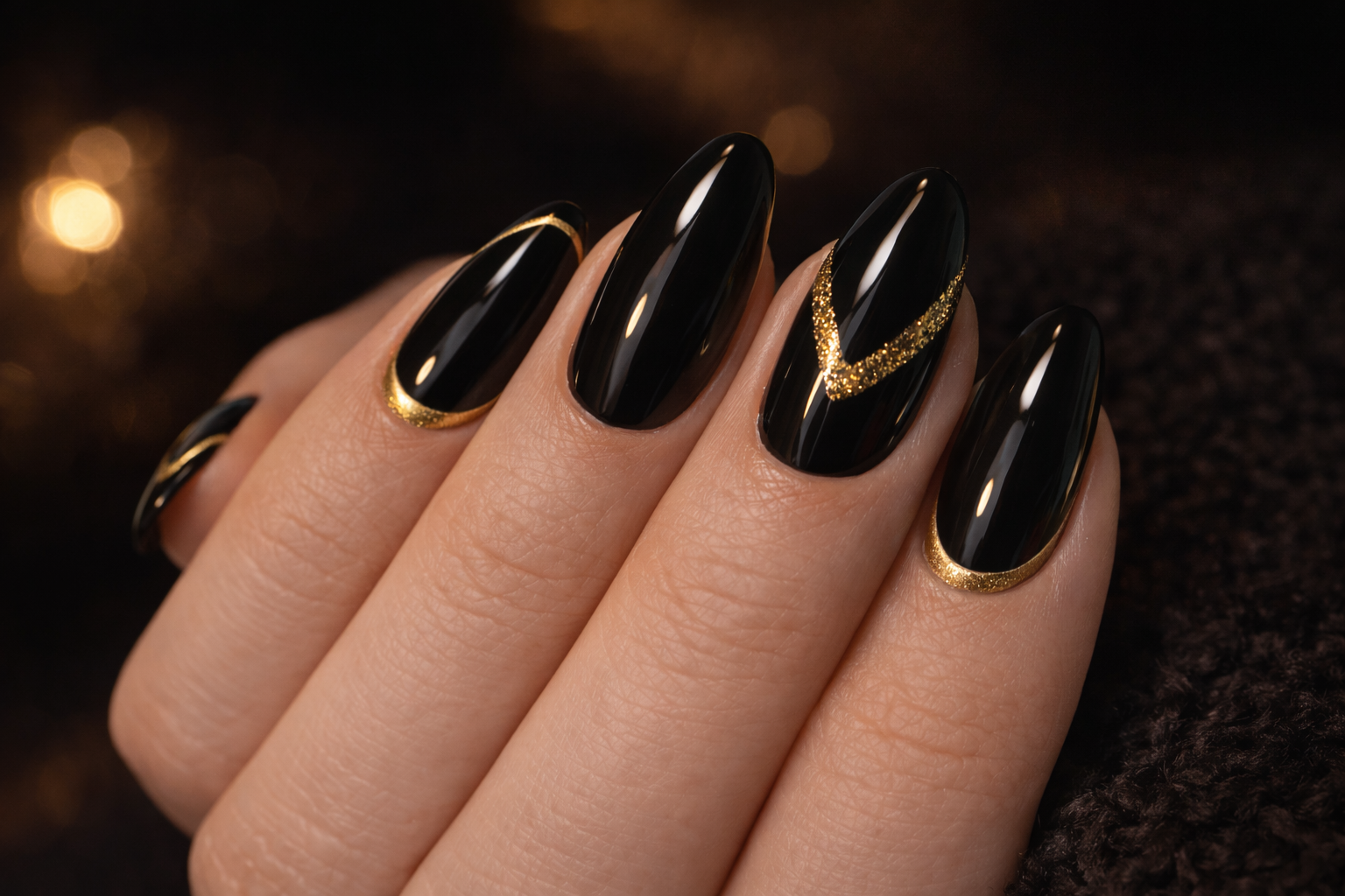 Black glossy almond nails with gold glitter accents March Nail Trends at Blissful Beauty Nail Lounge San Diego