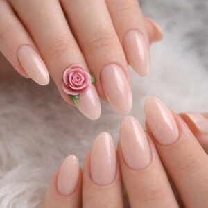 Glossy nude almond nails with single 3D pink rose accent, International Women’s Day Nails at Blissful Beauty Nail Lounge