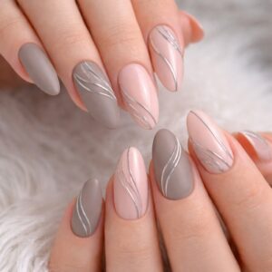 Matte gray and blush almond nails with silver wave line detailing, International Women’s Day Nails Blissful Beauty Nail Lounge