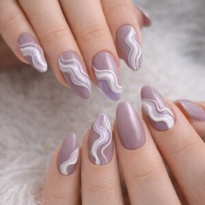 Mauve almond nails with white 3D swirl design, International Women’s Day Nails Blissful Beauty Nail Lounge
