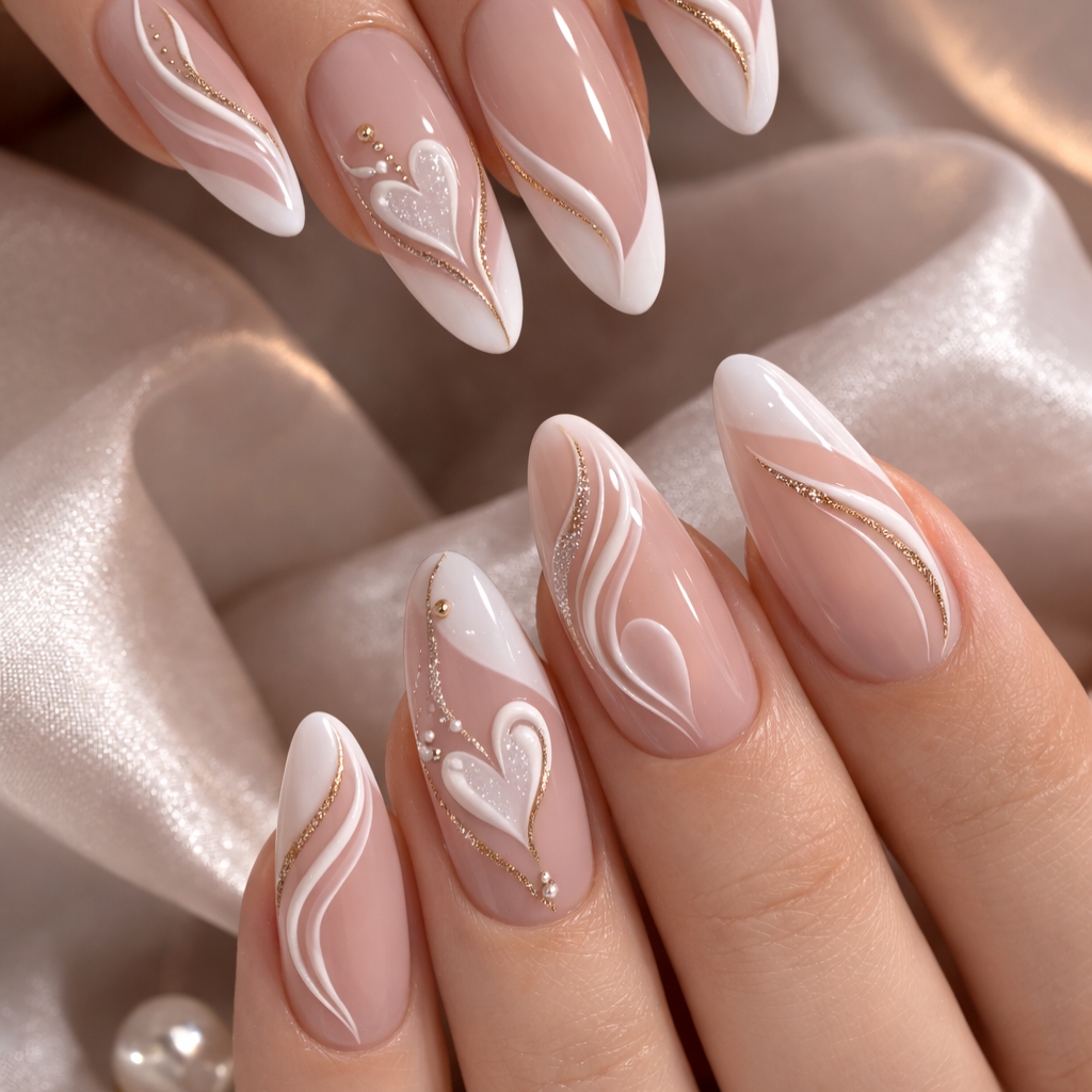 Sheer nude almond nails with white swirl French tips, gold glitter lines, and raised heart accent, International Women’s Day Nails at Blissful Beauty Nail Lounge